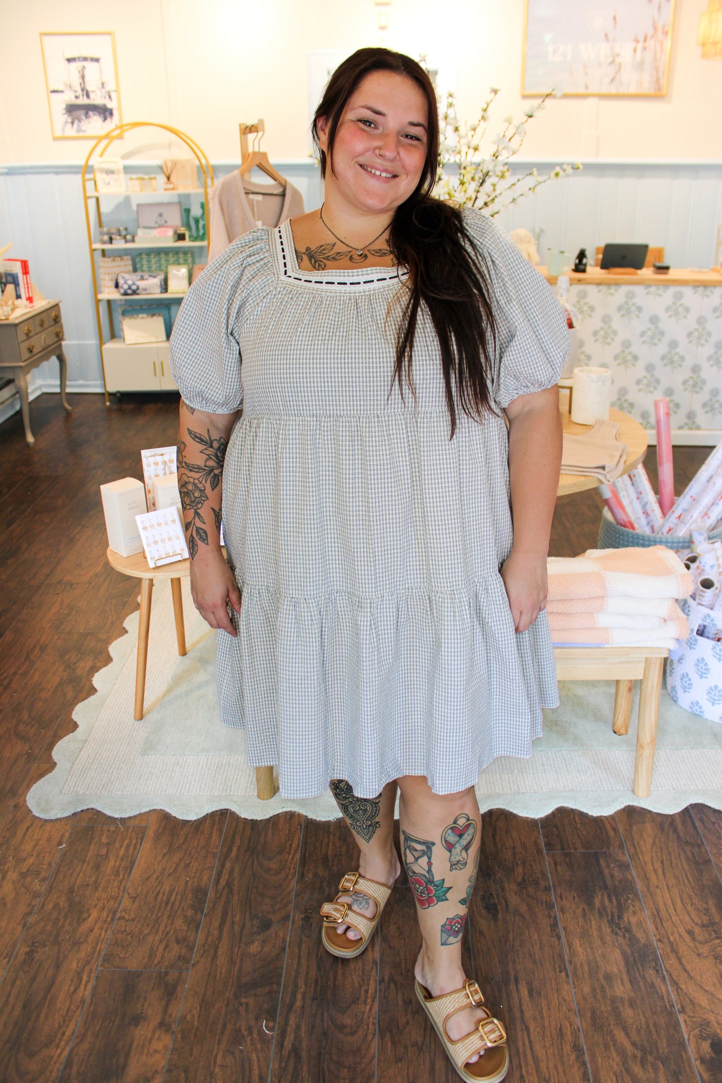 GRID CHECKERED TIERED DRESS WITH EYELET TRIM (EXTENDED SIZING)