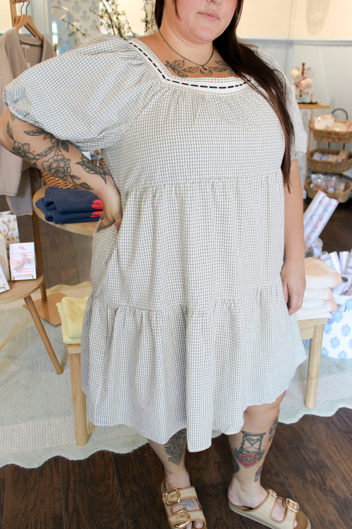 GRID CHECKERED TIERED DRESS WITH EYELET TRIM (EXTENDED SIZING)