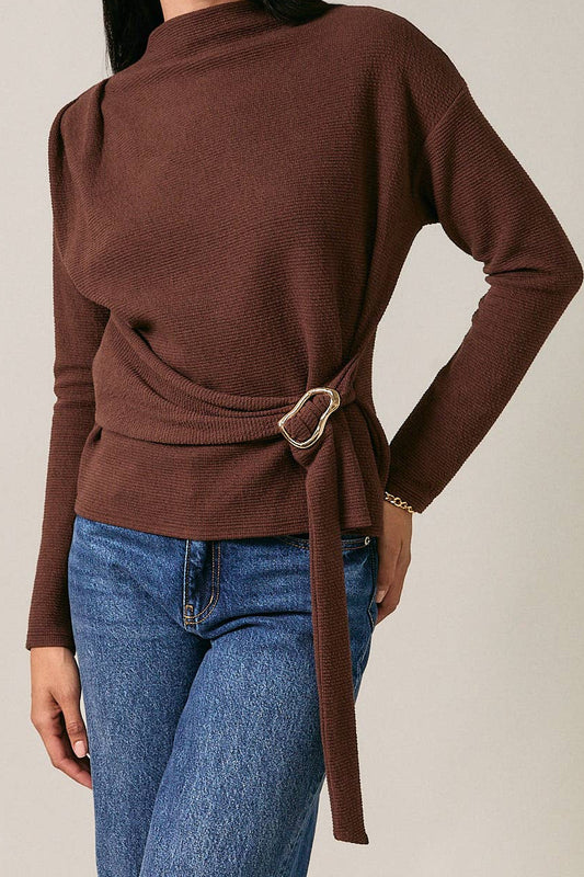 MOCK NECK LONG SLEEVE BELTED DETAIL TOP