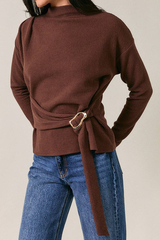 MOCK NECK LONG SLEEVE BELTED DETAIL TOP