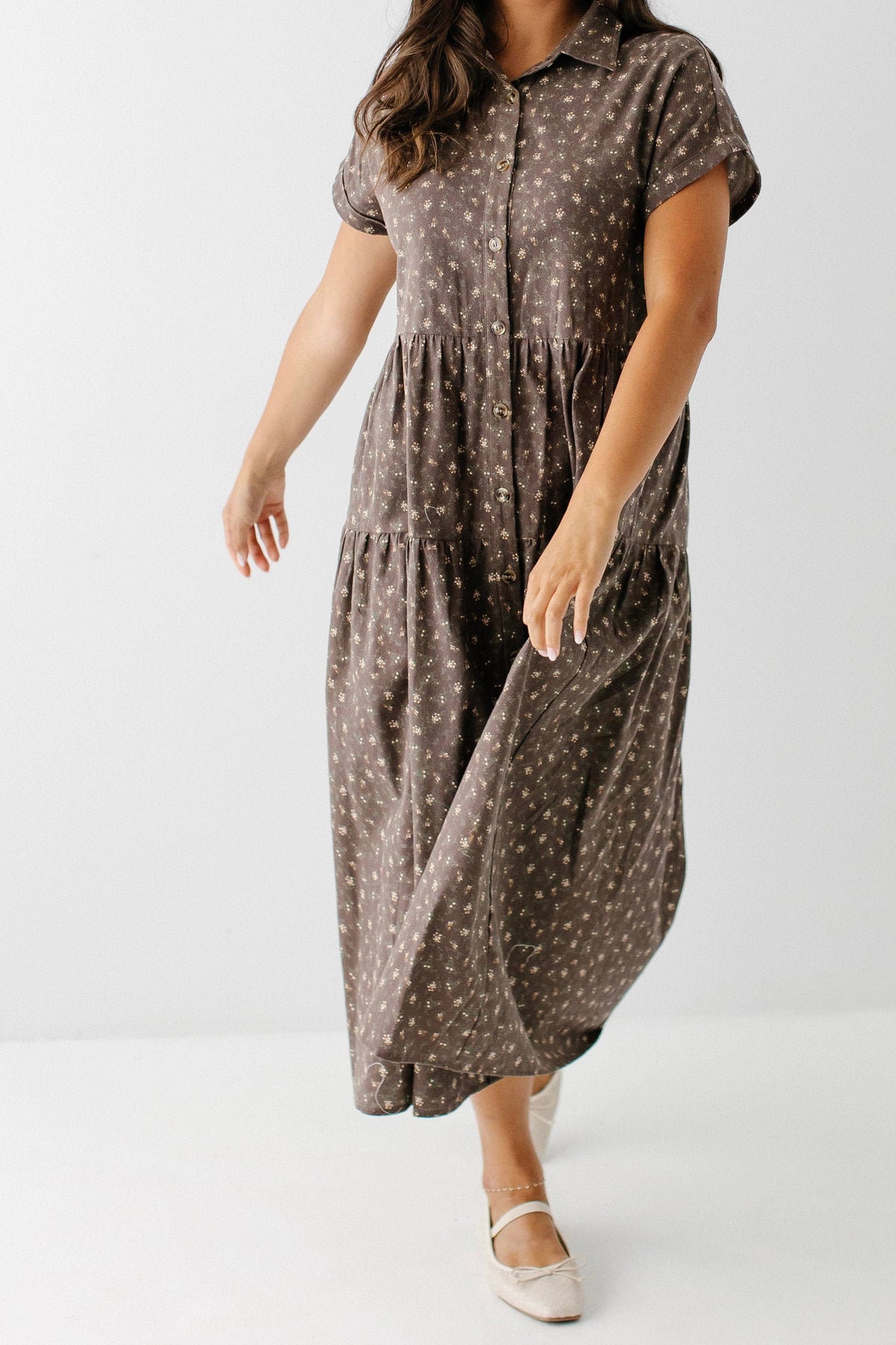 FLORAL BUTTON FRONT MIDI DRESS