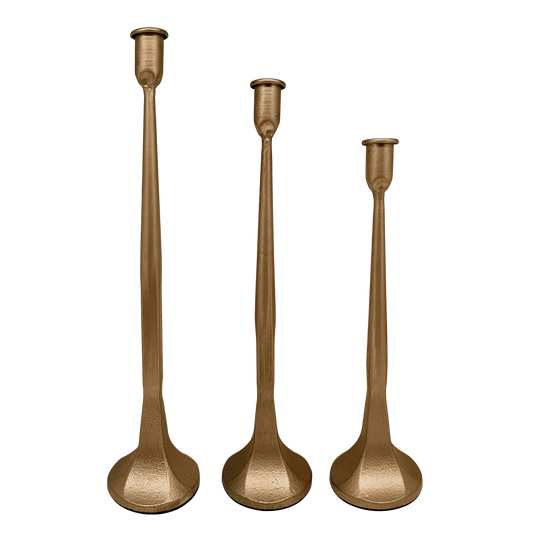 GOLD CAST IRON TAPER CANDLE HOLDERS -SET OF 3