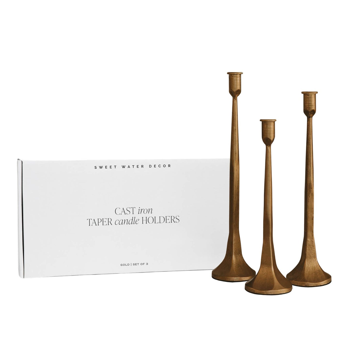 GOLD CAST IRON TAPER CANDLE HOLDERS -SET OF 3